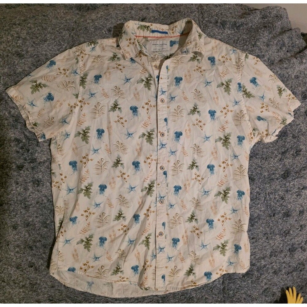 Denim And Flower Ricky Singh Hawaiian Shirt Size L Large Jelly Fish Starfish